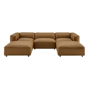 Modway Auren 5-Piece Vegan Leather Upholstered U-Shaped Sofa in Camel