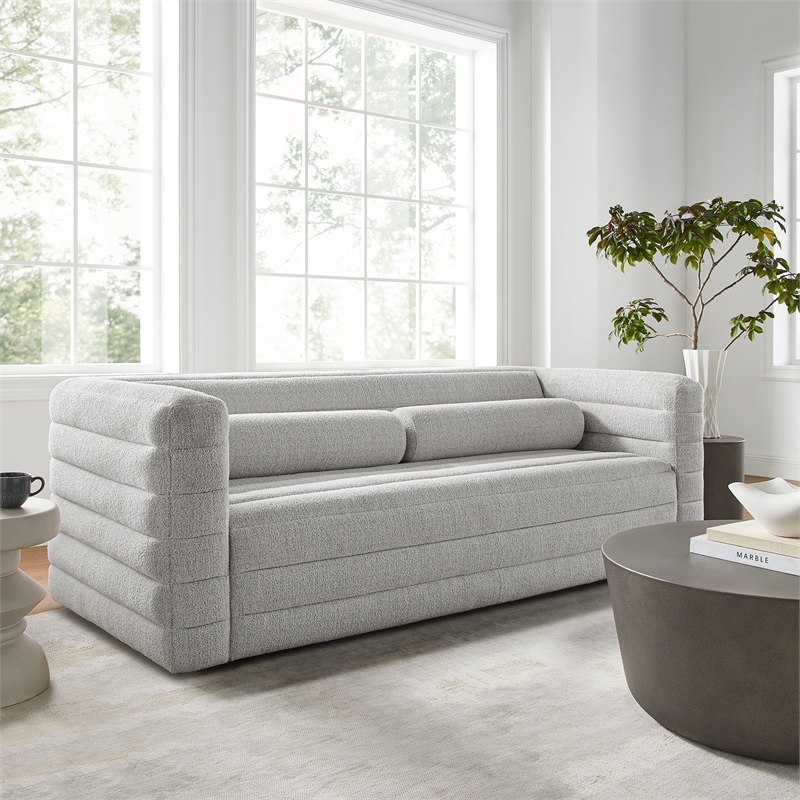 Modway Relle Channel Tufted Boucle Fabric Upholstered Sofa in Newsprint