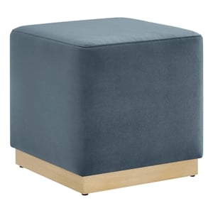 Tilden 17&quot Square Performance Velvet Upholstered Ottoman in Cadet Blue Natural