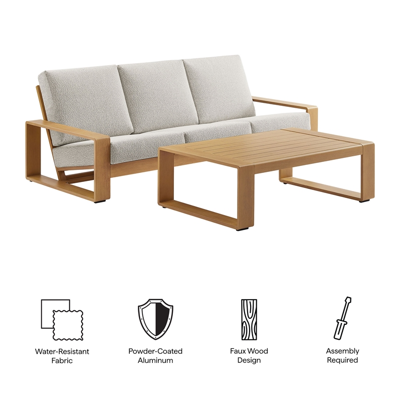 Lirienne 2-Piece Outdoor Patio Aluminum Faux Wood Furniture Set in Ivory Natural