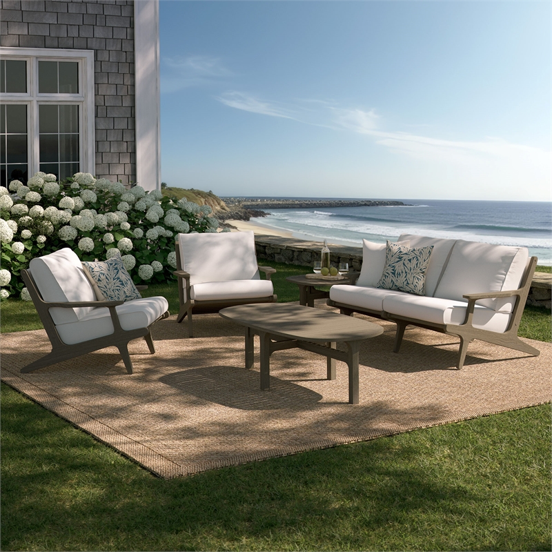 Modway Saratoga 5PC Outdoor Patio Teak Wood Furniture Set - Weathered Gray/White