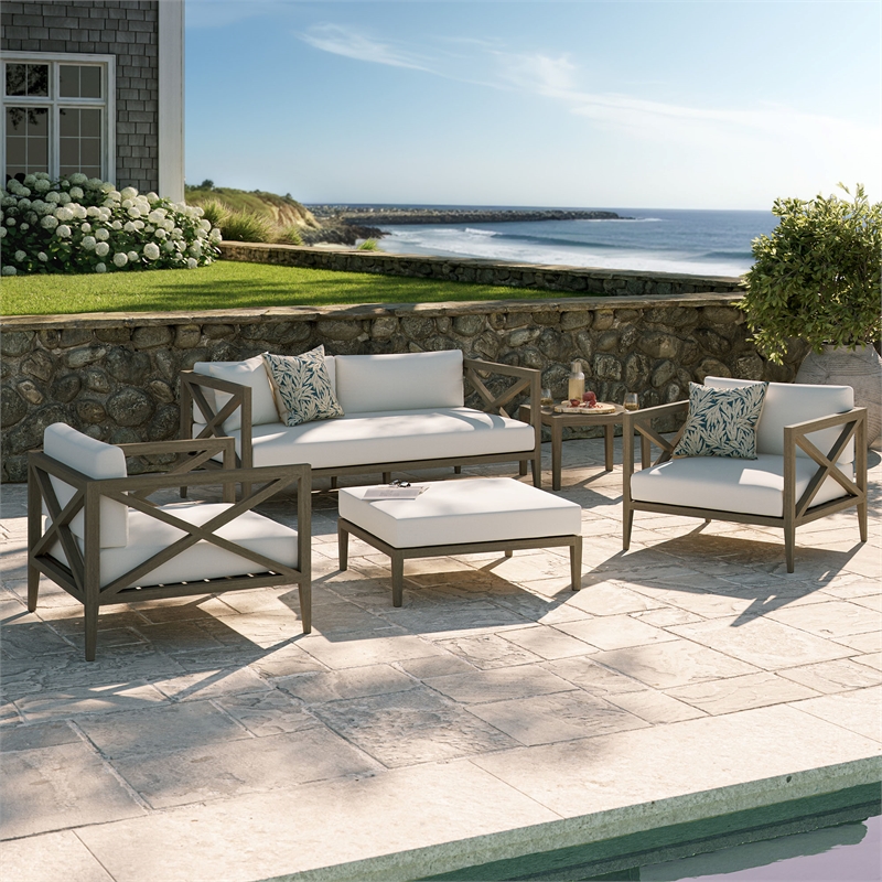 Modway Northlake 5-Piece Outdoor Patio Teak Wood Furniture Set in Weathered Gray White