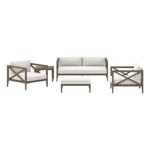 Modway Northlake 5-Piece Outdoor Patio Teak Wood Furniture Set in Weathered Gray White