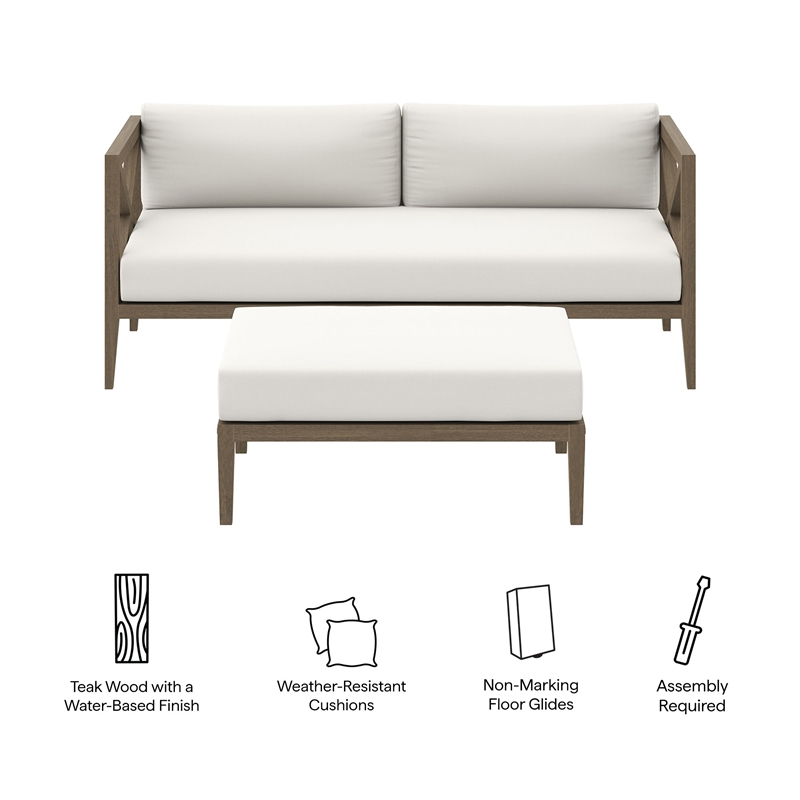 Northlake Outdoor Patio Teak Wood Loveseat and Ottoman Set in Weathered Gray White