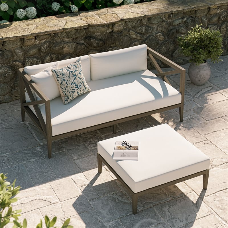 Northlake Outdoor Patio Teak Wood Loveseat and Ottoman Set in Weathered Gray White