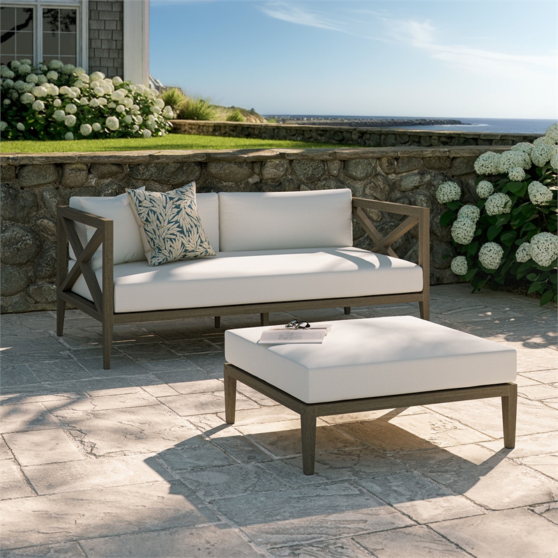Northlake Outdoor Patio Teak Wood Loveseat and Ottoman Set in Weathered Gray White