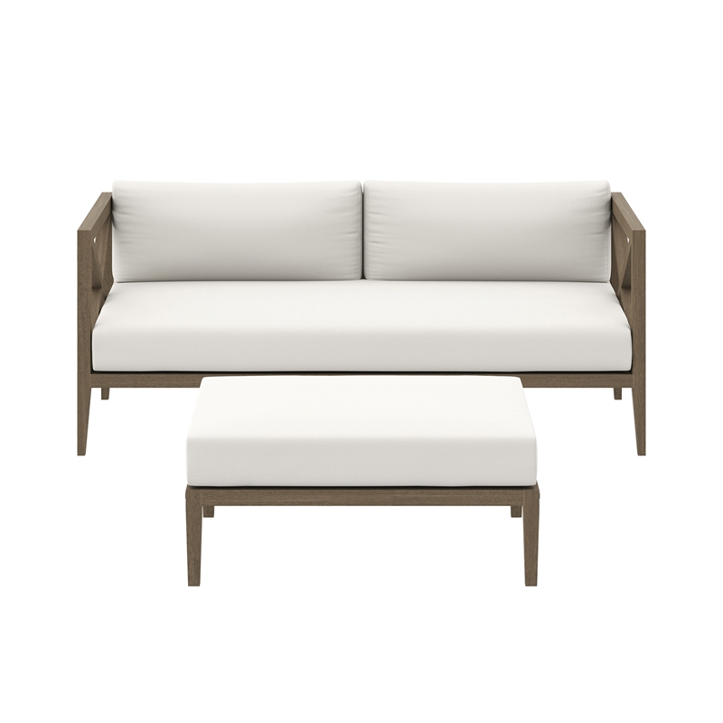 Northlake Outdoor Patio Teak Wood Loveseat and Ottoman Set in Weathered Gray White