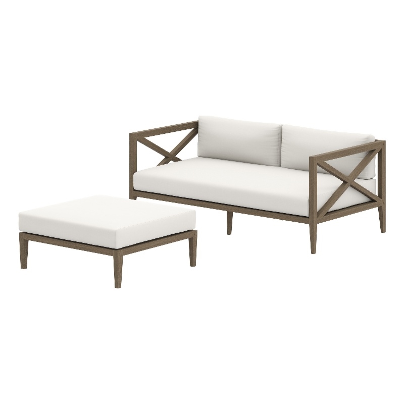Northlake Outdoor Patio Teak Wood Loveseat and Ottoman Set in Weathered Gray White