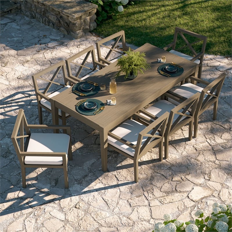 Modway Northlake 9-Piece Outdoor Patio Teak Wood Dining Set in Weathered Gray White