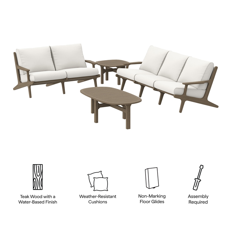 Modway Saratoga 4-Piece Outdoor Patio Teak Wood Furniture Set in Weathered Gray White