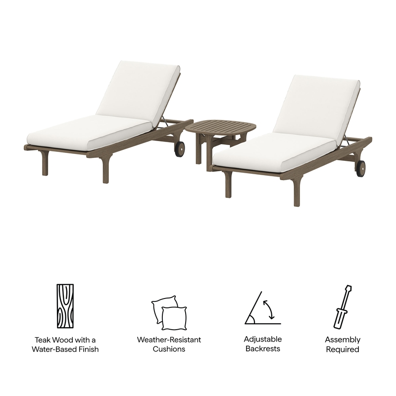 Saratoga Outdoor Patio Teak Wood 3-Piece Chaise Lounge Furniture Set in Weathered Gray White