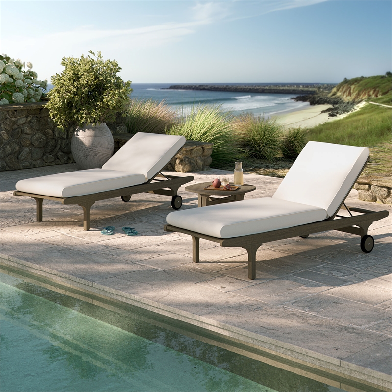 Saratoga Outdoor Patio Teak Wood 3-Piece Chaise Lounge Furniture Set in Weathered Gray White