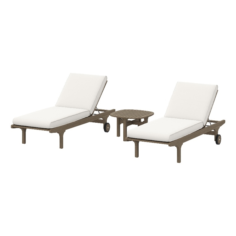 Saratoga Outdoor Patio Teak Wood 3-Piece Chaise Lounge Furniture Set in Weathered Gray White