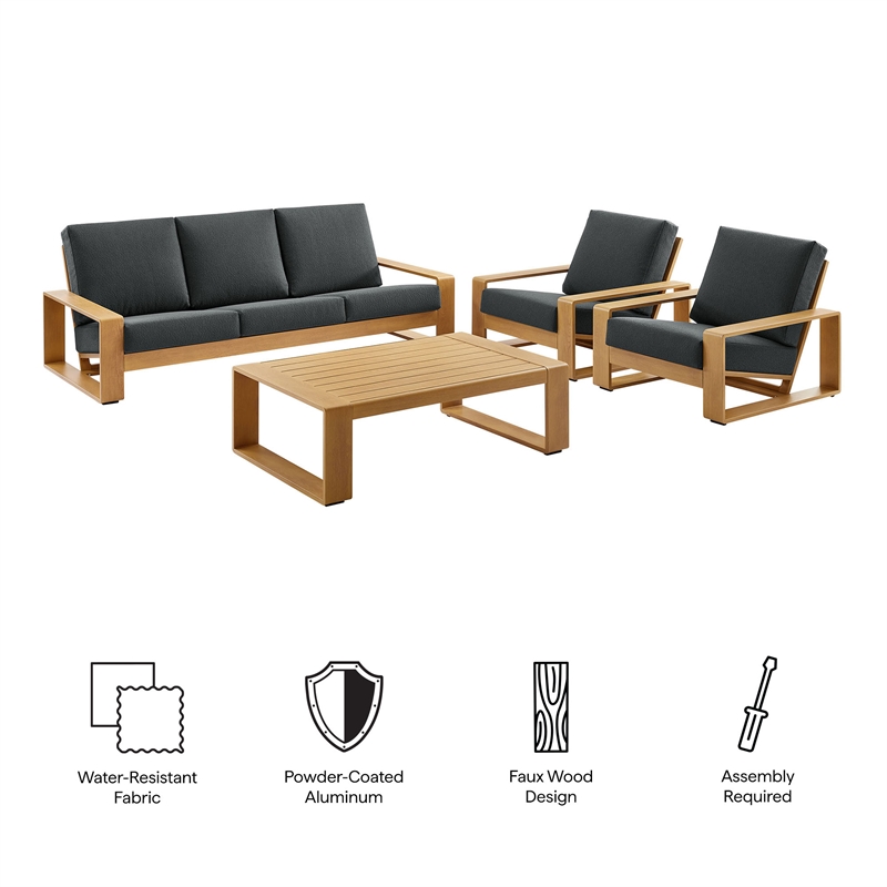 Modway Lirienne 4-PC Patio Aluminum Faux Wood Furniture Set in Charcoal/Natural