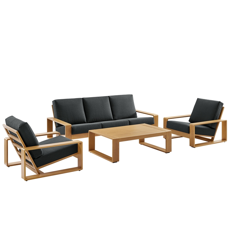 Modway Lirienne 4-PC Patio Aluminum Faux Wood Furniture Set in Charcoal/Natural