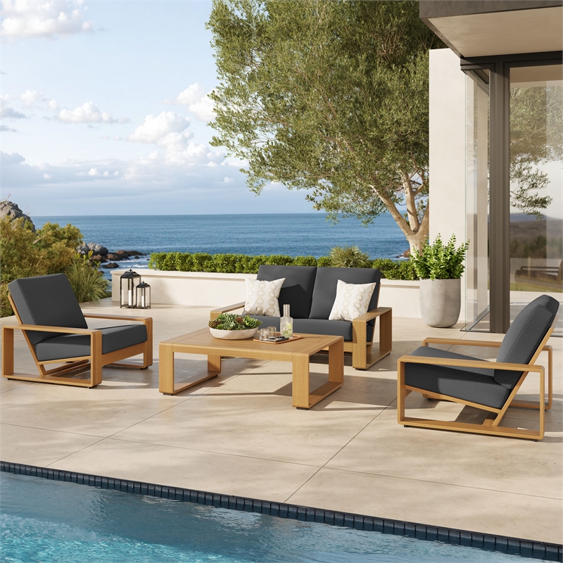 Modway Lirienne 4-PC Patio Aluminum Faux Wood Furniture Set in Charcoal/Natural