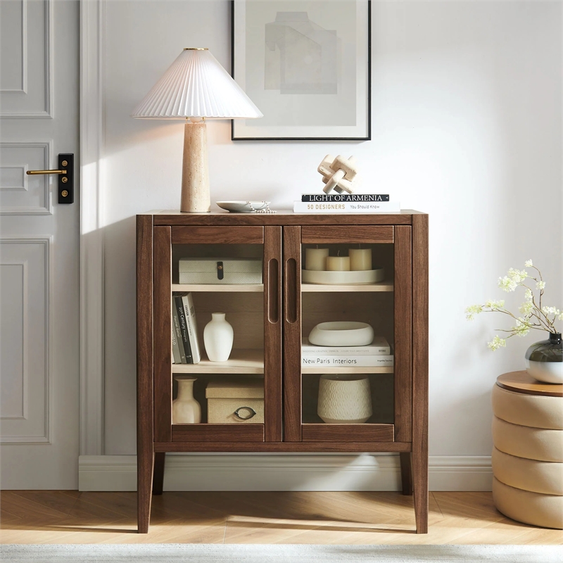 Modway Nell Tempered Glass Doors Accent Cabinet in Walnut