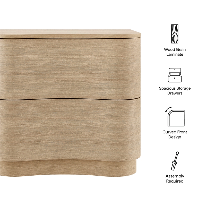 Mirae 2-Drawer Curved Nightstand in Brushed Light Oak