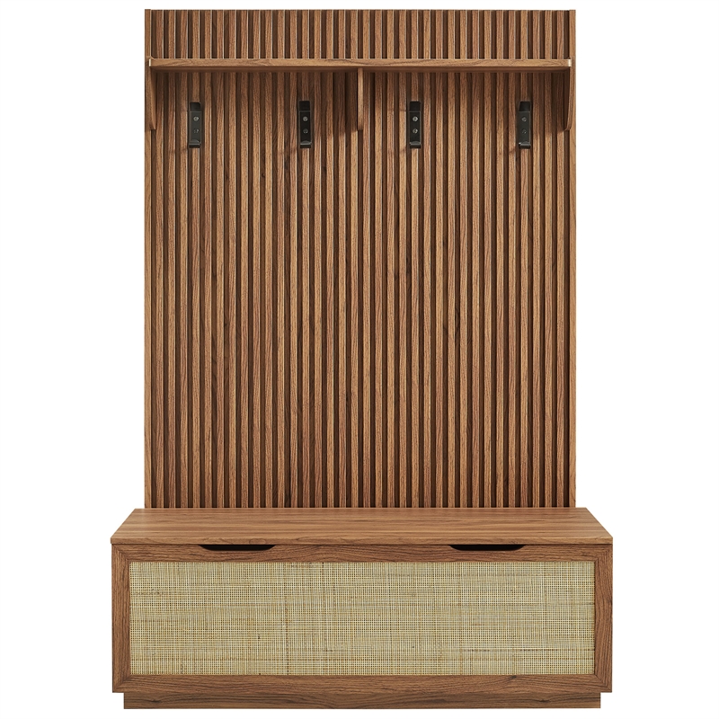 Modway Soma Fluted 3-in-1 Hall Tree With Storage Bench and Coat Rack in Walnut