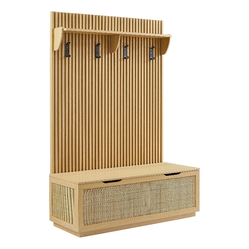 Modway Soma Fluted 3-in-1 Hall Tree with Storage Bench & Coat Rack in Light Oak