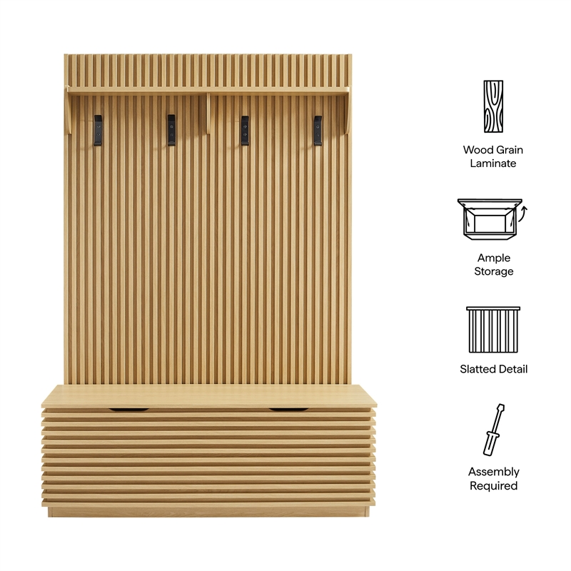 Render Fluted 3-in-1 Hall Tree With Storage Bench and Coat Rack in Oak