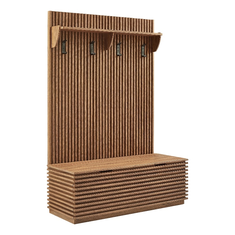 Render Fluted 3-in-1 Hall Tree With Storage Bench and Coat Rack in Walnut