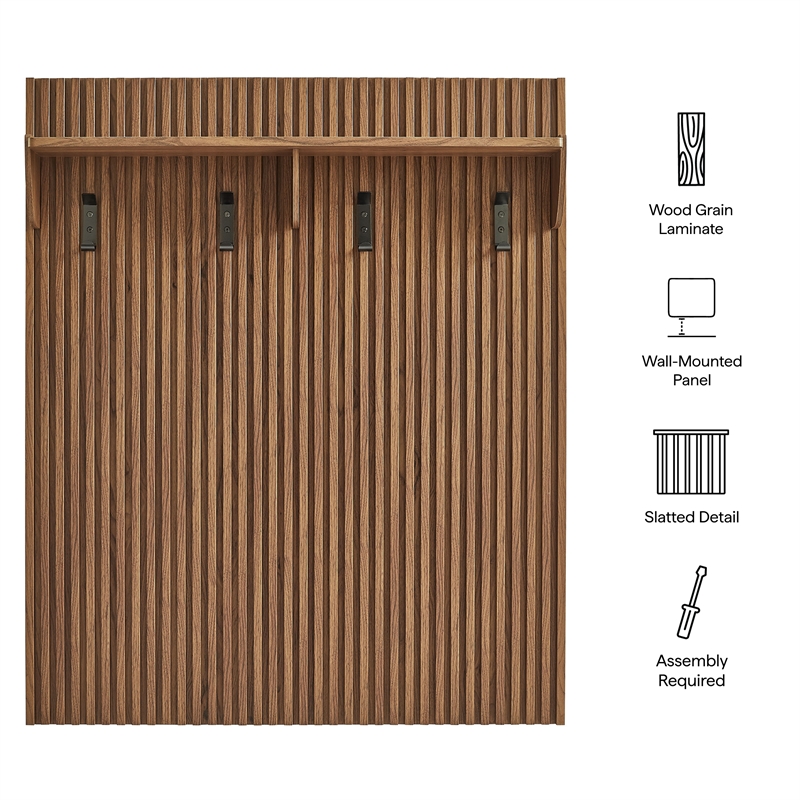 Render Fluted Coat Rack Panel With Shelf in Walnut