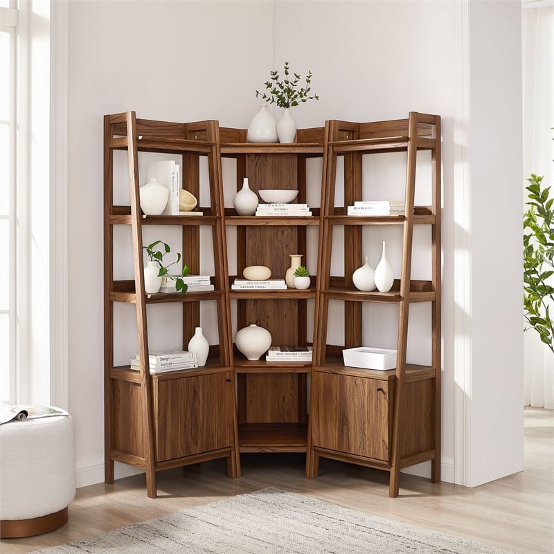 Bixby 3-piece Corner Bookshelf Set with Narrow Bookshelves in Walnut