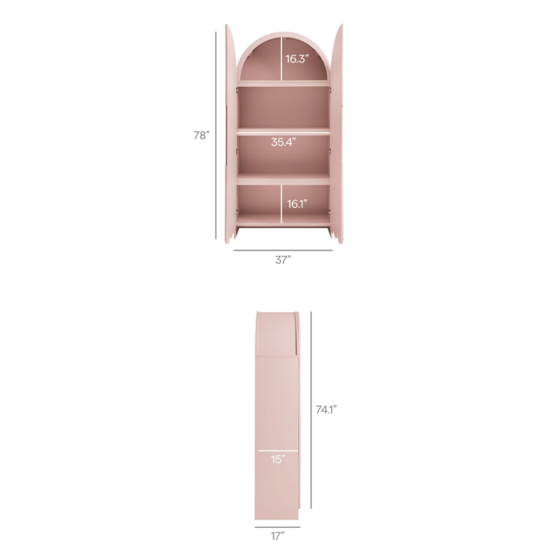 Dahlia 78 Inch Fluted and Scalloped Arched Storage Cabinet in Soft Pink