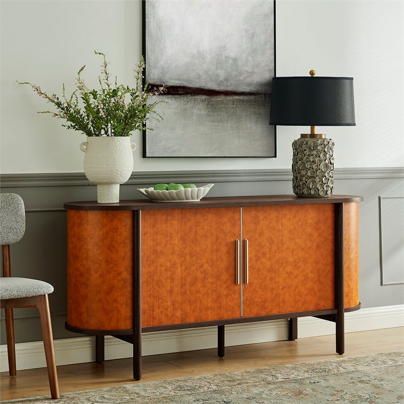 Modway Coralie Curved Vegan Leather Oval Sideboard in Brown
