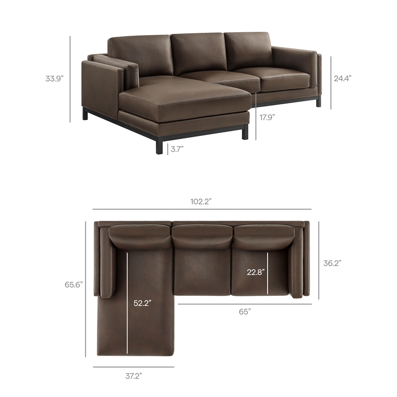 Modway Roscoe Left-Facing Vegan Leather Sectional Sofa with Chaise in Brown