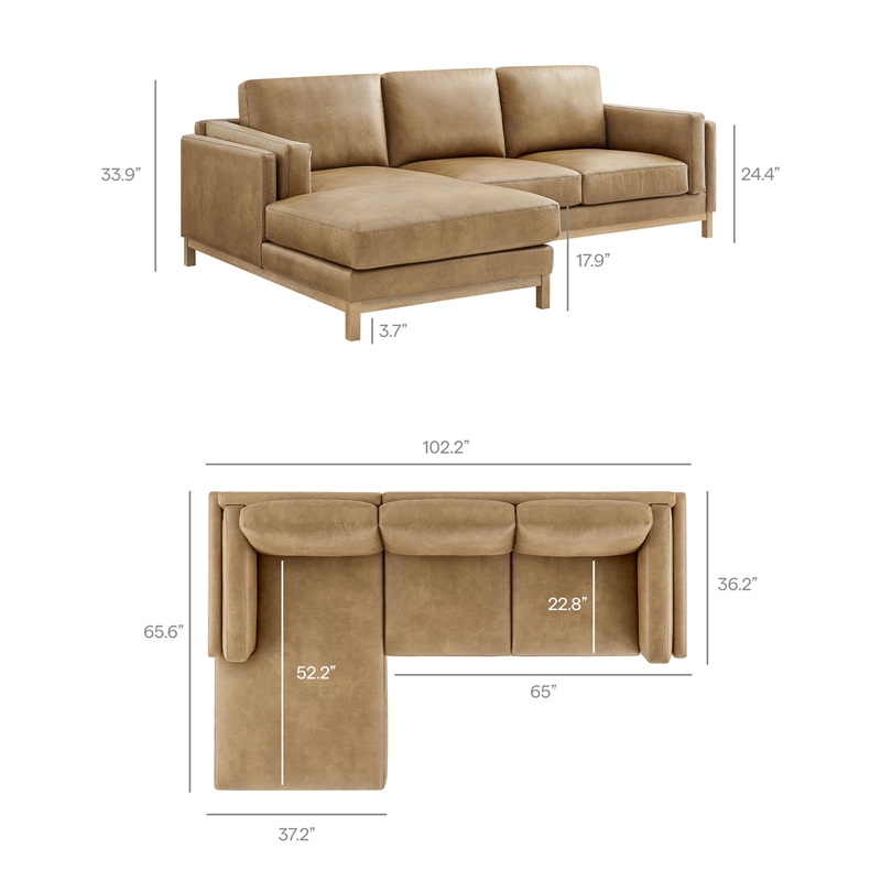 Modway Roscoe Left-Facing Vegan Leather Sectional Sofa with Chaise in Brown