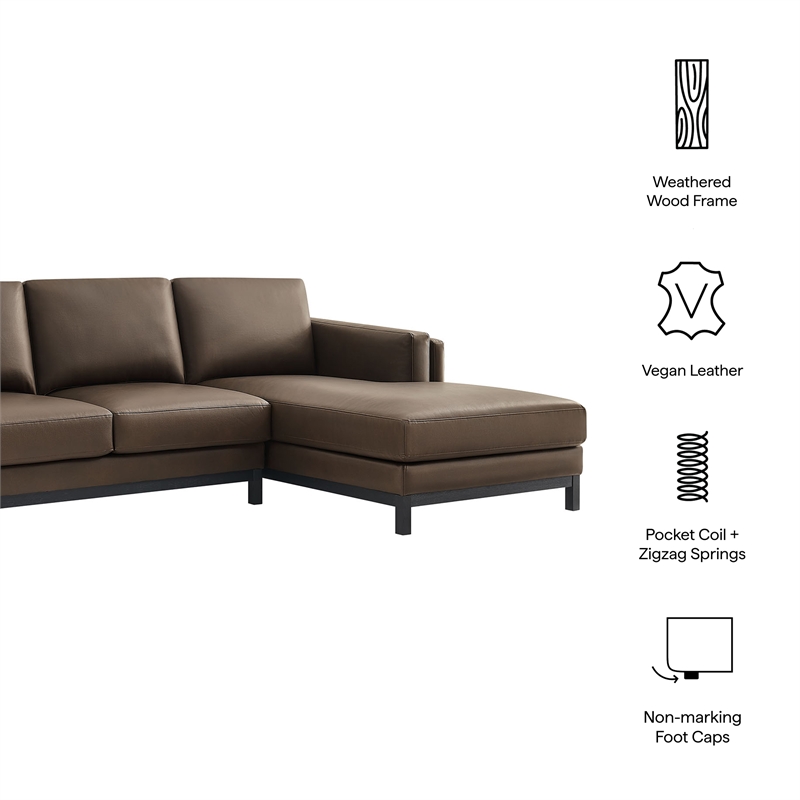 Modway Roscoe Right-Facing Vegan Leather Sectional Sofa with Chaise in Brown