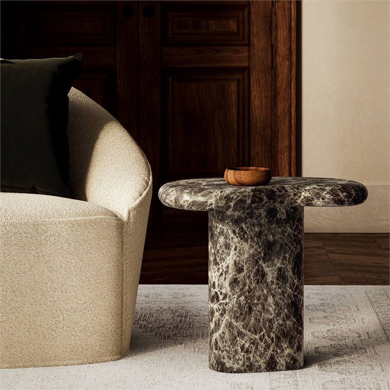 Elowen Outdoor Patio Faux Marble Side Table in Dark Emperador Marble