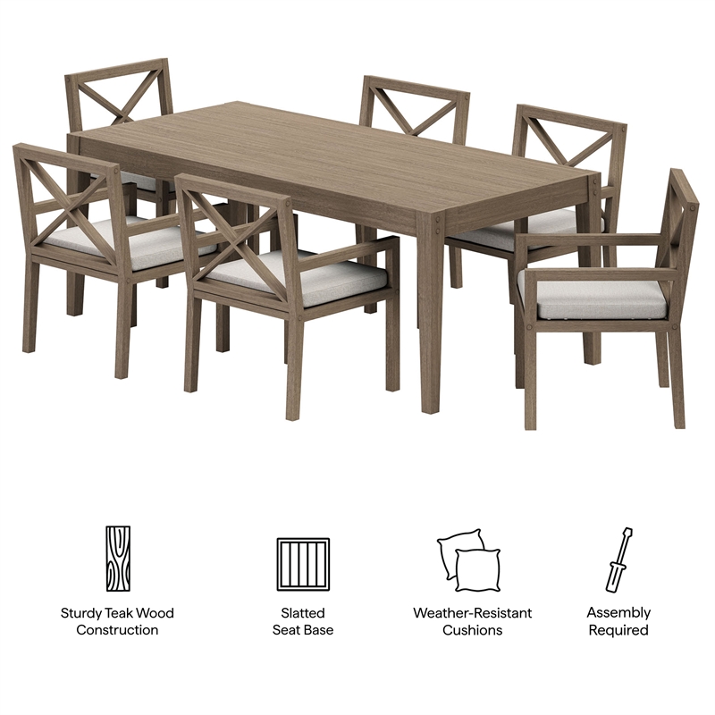 Modway Northlake 7-Piece Outdoor Teak Wood Dining Set in Weathered Gray Pebble
