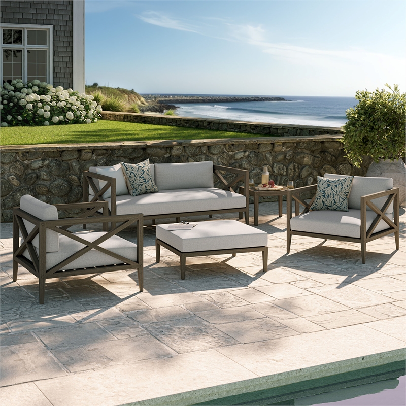 Modway Northlake 5-Piece Outdoor Teak Wood Furniture Set in Weathered Gray Pebble