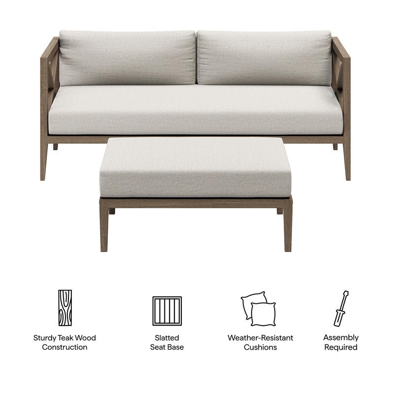 Northlake Outdoor Teak Wood Loveseat and Ottoman Set in Weathered Gray Pebble