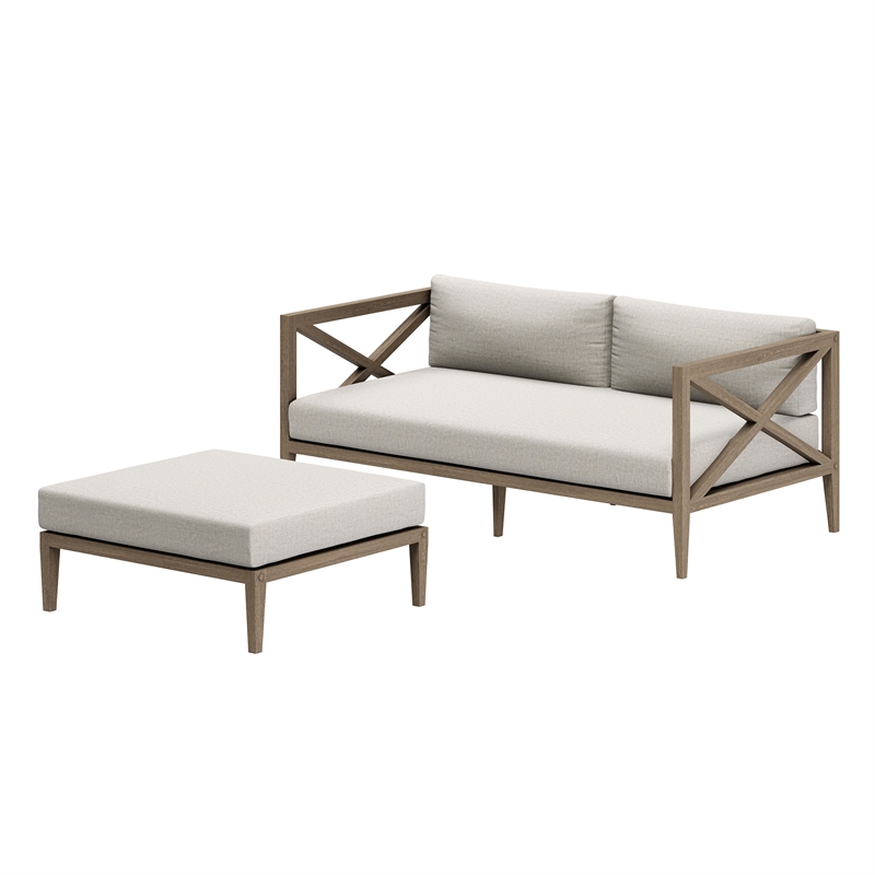 Northlake Outdoor Teak Wood Loveseat and Ottoman Set in Weathered Gray Pebble