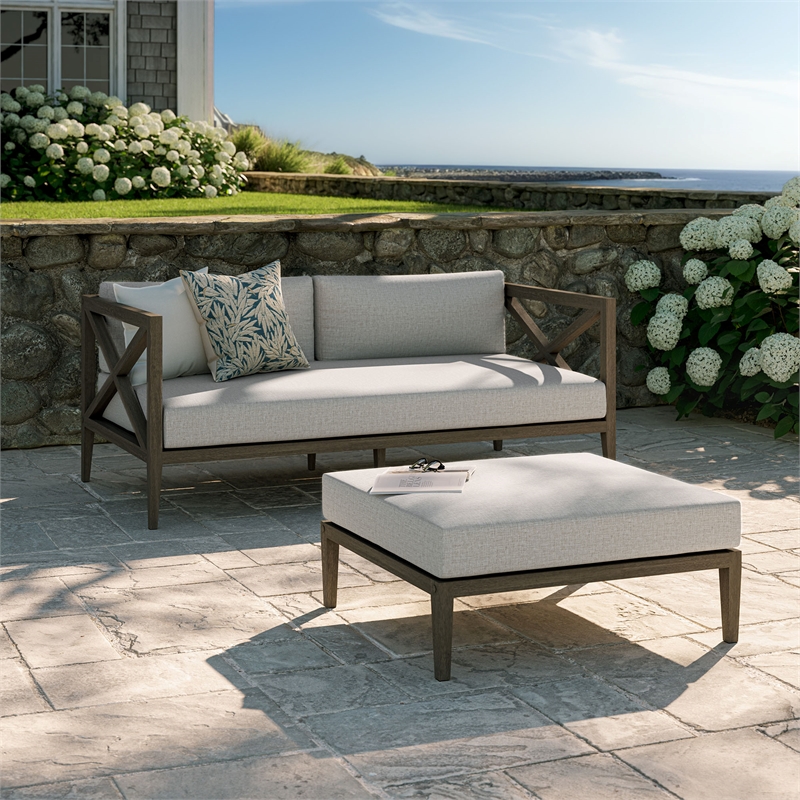 Northlake Outdoor Teak Wood Loveseat and Ottoman Set in Weathered Gray Pebble