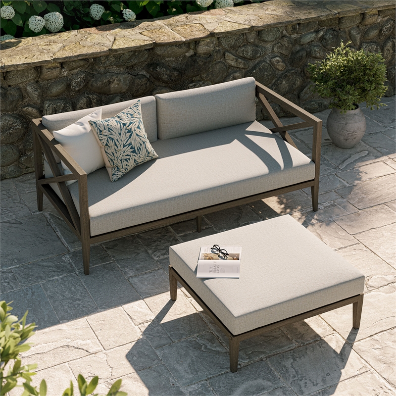 Northlake Outdoor Teak Wood Loveseat and Ottoman Set in Weathered Gray Pebble