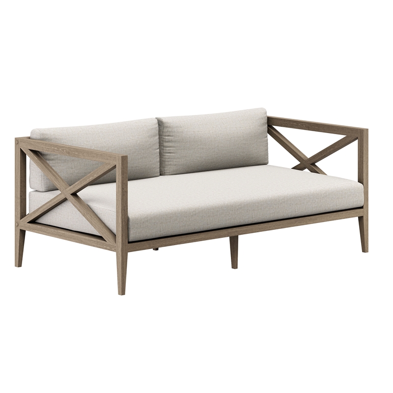 Northlake Outdoor Teak Wood Loveseat and Ottoman Set in Weathered Gray Pebble