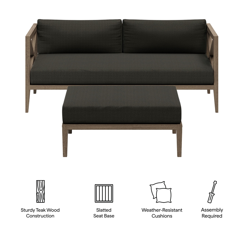 Northlake Outdoor Teak Wood Loveseat and Ottoman Set in Weathered Gray Flint