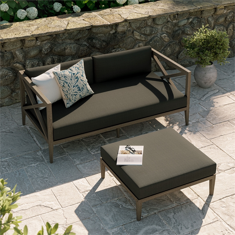 Northlake Outdoor Teak Wood Loveseat and Ottoman Set in Weathered Gray Flint