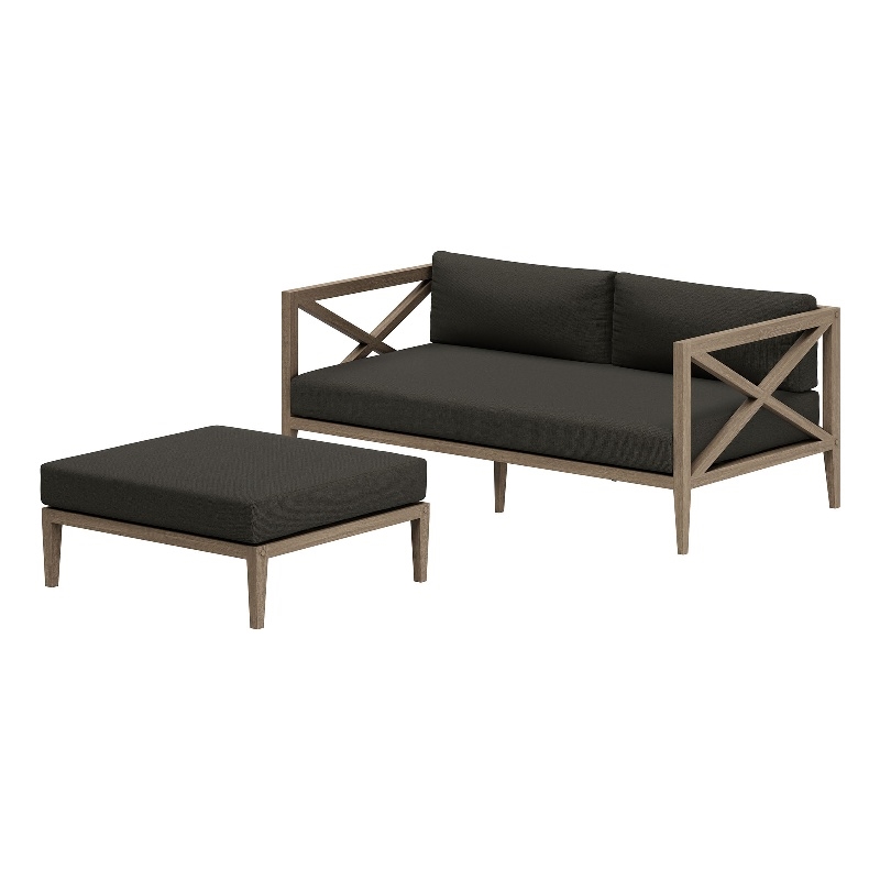 Northlake Outdoor Teak Wood Loveseat and Ottoman Set in Weathered Gray Flint
