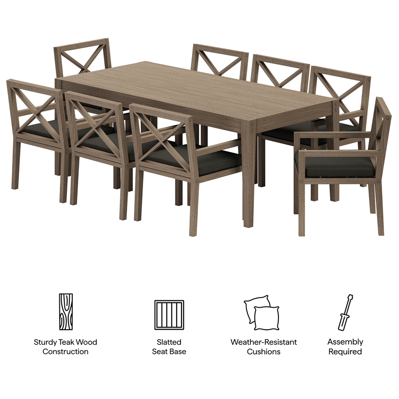 Modway Northlake 9-Piece Outdoor Teak Wood Dining Set in Weathered Gray Flint