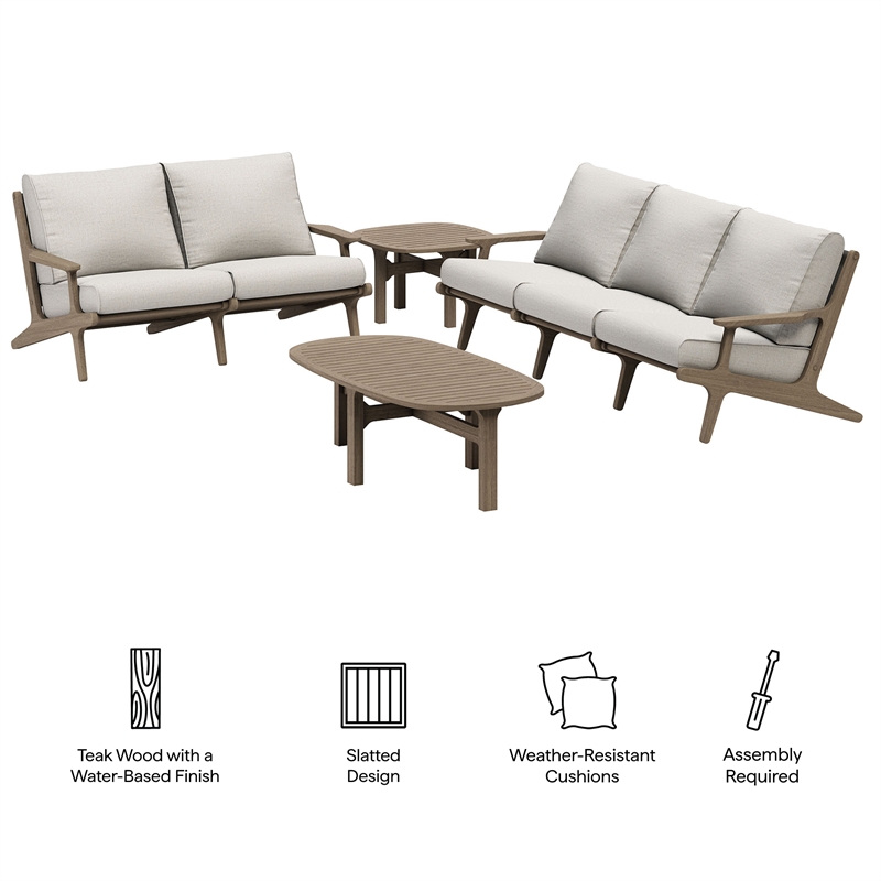 Modway Saratoga 4-Piece Outdoor Teak Wood Furniture Set in Weathered Gray Pebble