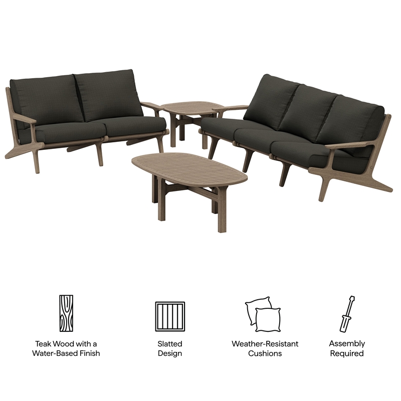 Modway Saratoga 4-Piece Outdoor Teak Wood Furniture Set in Weathered Gray Flint