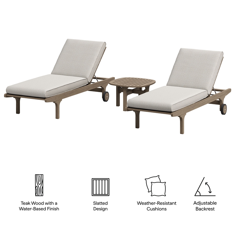 Saratoga Outdoor Teak Wood 3-Piece Chaise Lounge Furniture Set in Weathered Gray Pebble