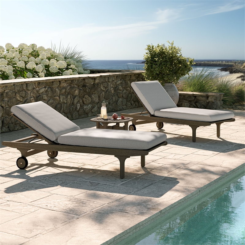Saratoga Outdoor Teak Wood 3-Piece Chaise Lounge Furniture Set in Weathered Gray Pebble