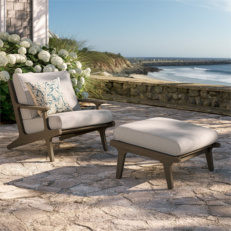 Saratoga Outdoor Teak Wood Chair and Ottoman Set in Weathered Gray Pebble